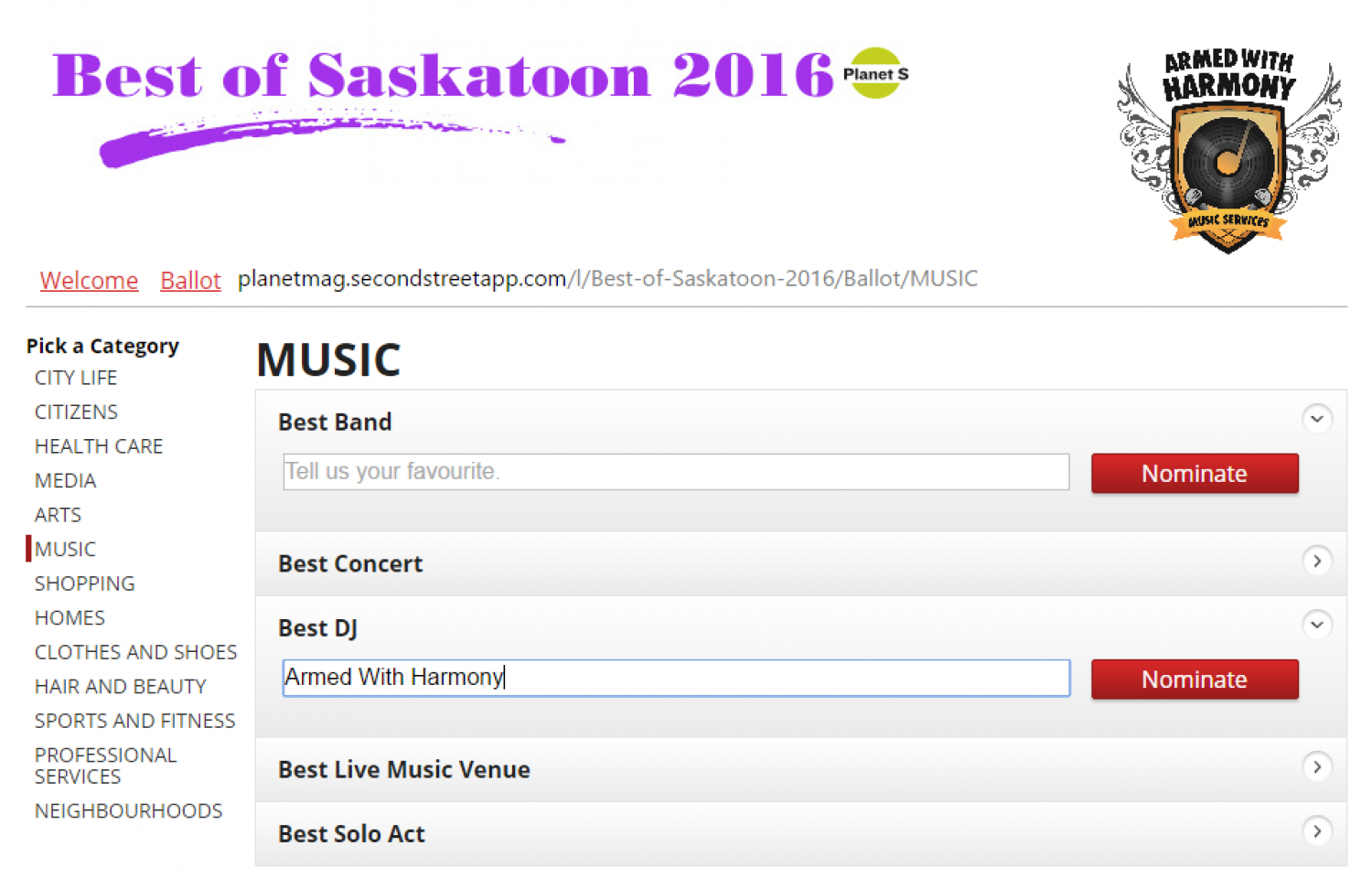 Nominate or Vote Armed With Harmony as "Best Saskatoon DJ" 2016 Planet S Magazine "Best Of Edition"