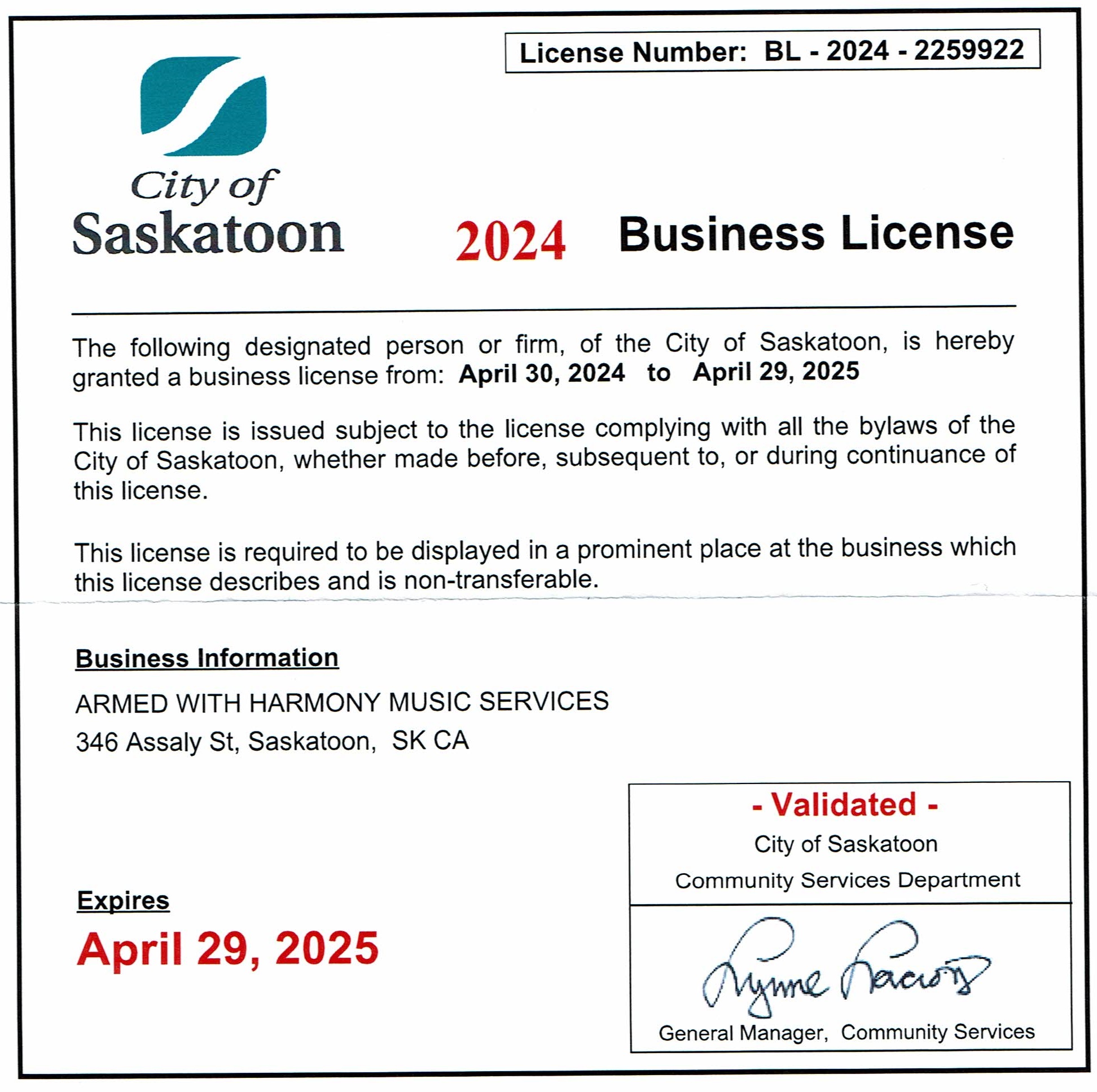 Saskatoon Wedding Dj Business License 2024