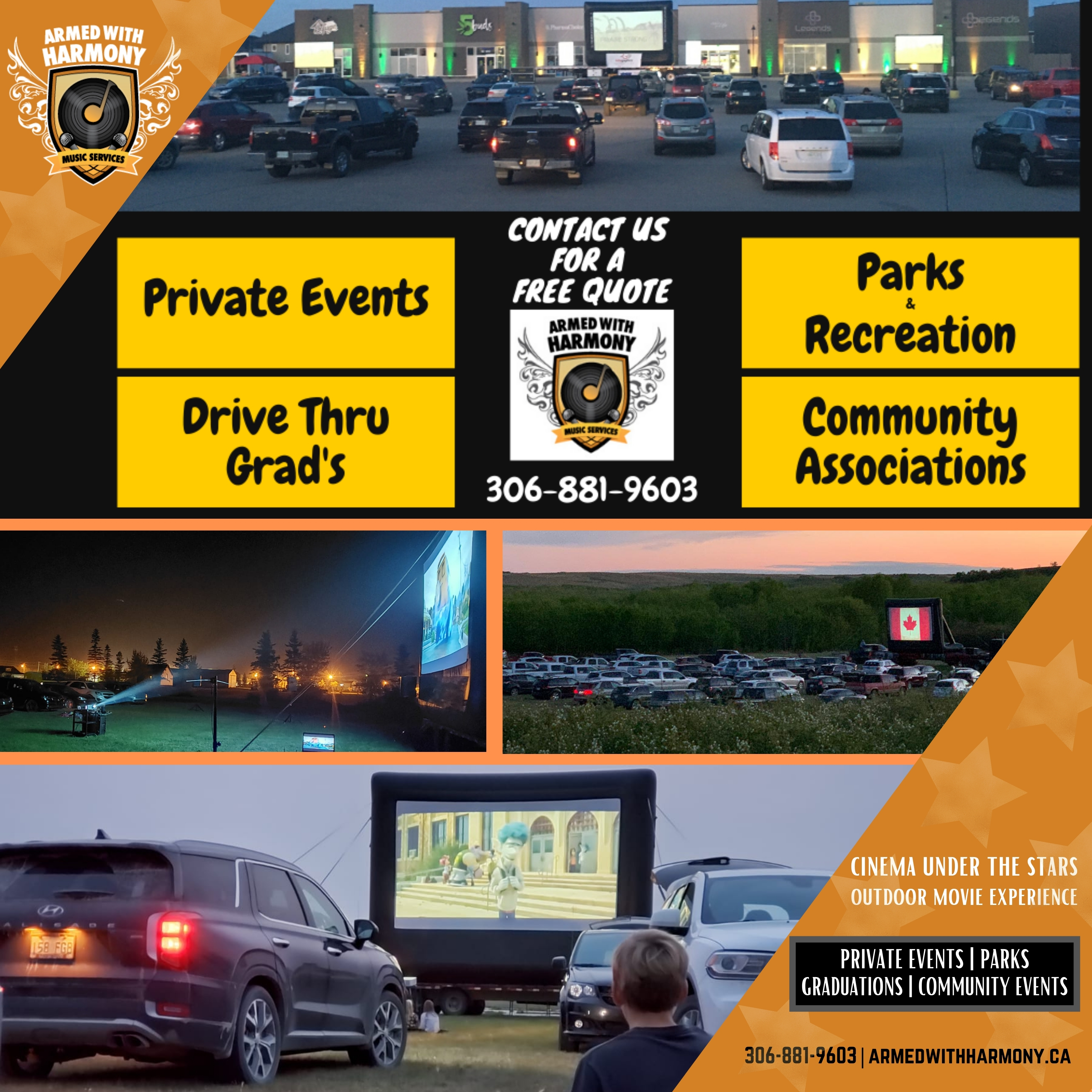 Saskatoon Saskatchewan YXE Pop Up Drive In Movie Screen Outdoor Theatre Cinema Under The Stars Armed With Harmony