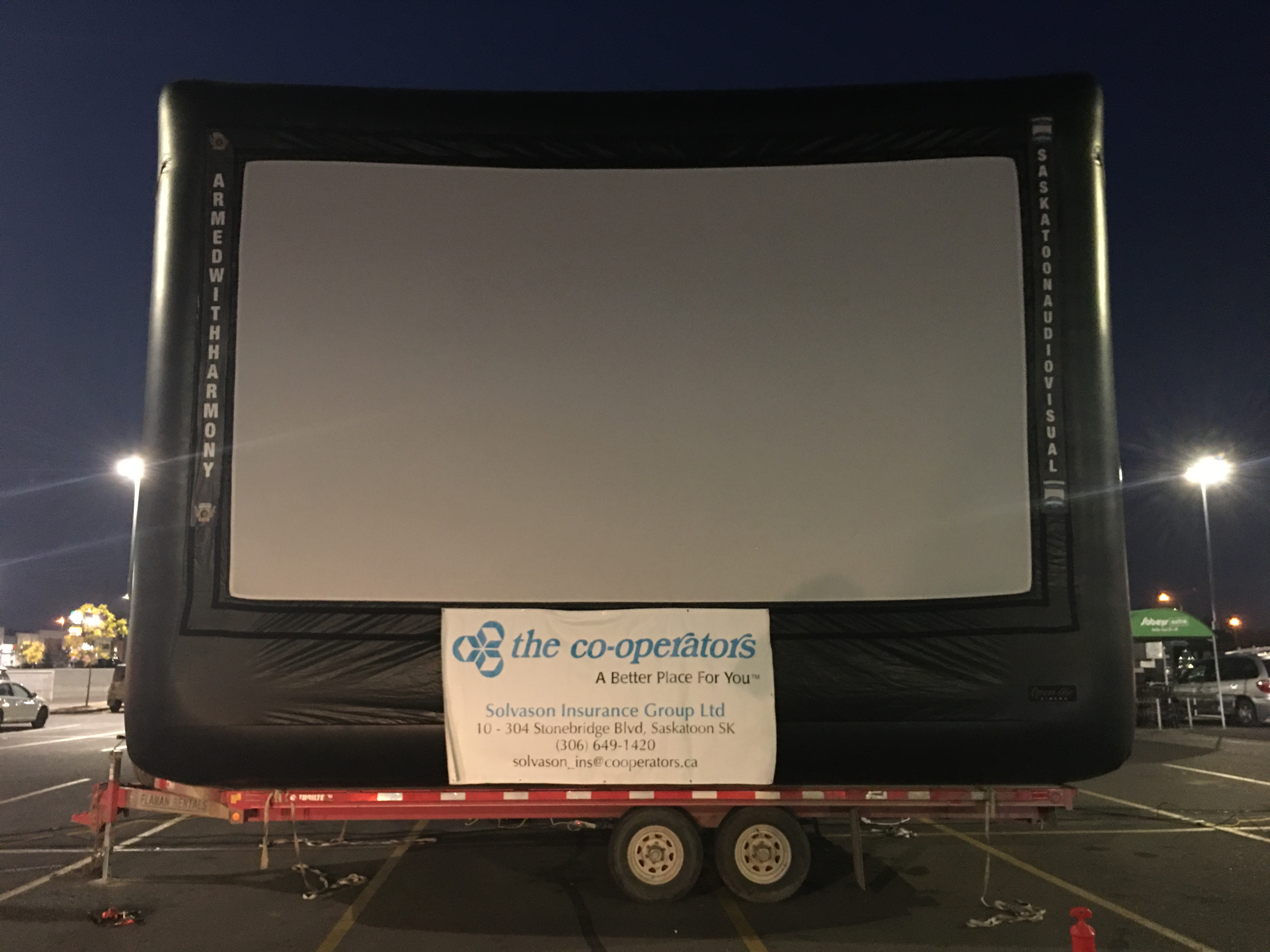 Saskatoon Saskatchewan YXE Pop Up Drive In Movie Screen Outdoor Theatre Cinema Under The Stars Armed With Harmony