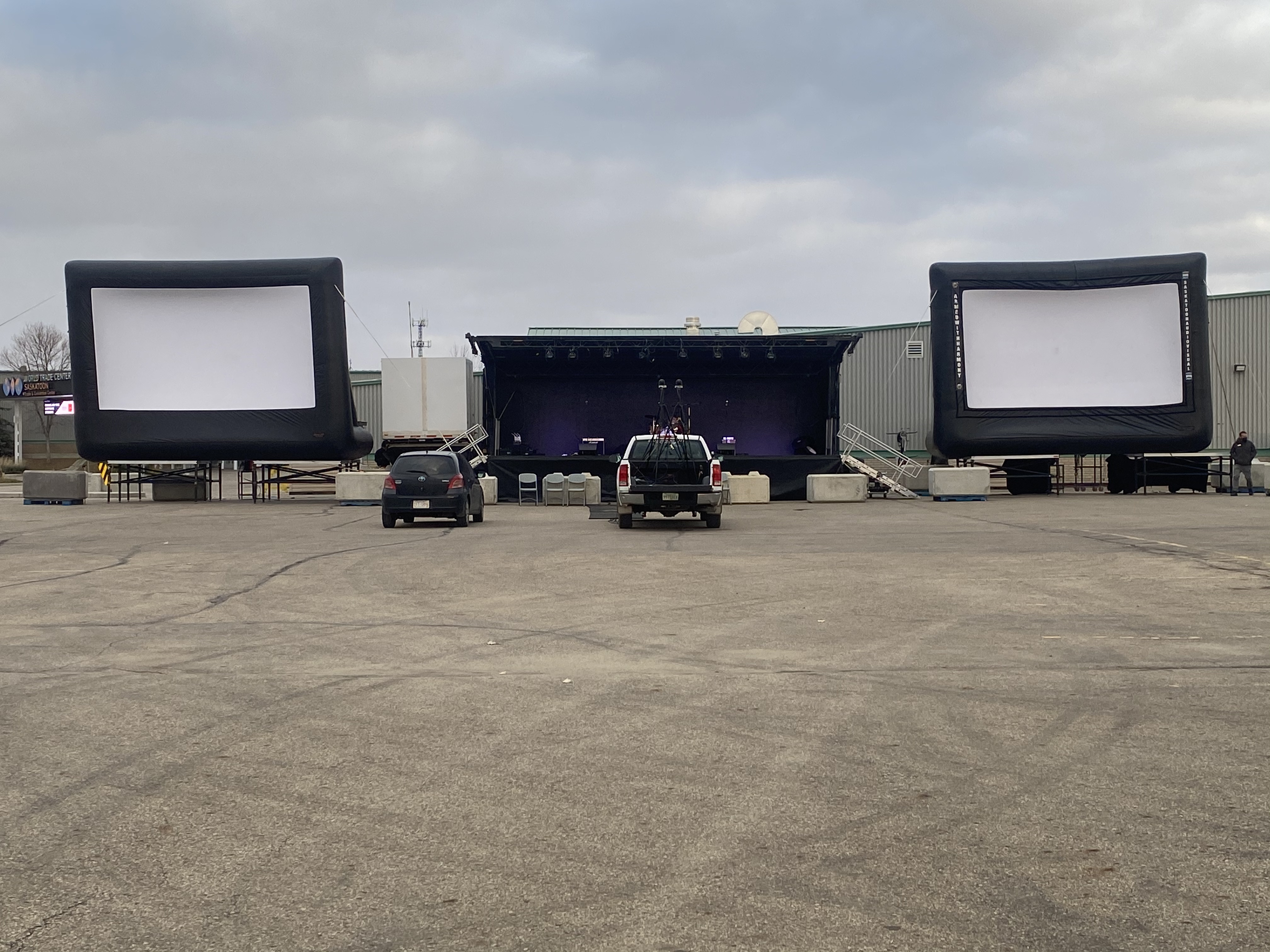 Saskatoon Saskatchewan YXE Pop Up Drive In Movie Screen Outdoor Theatre Cinema Under The Stars Armed With Harmony