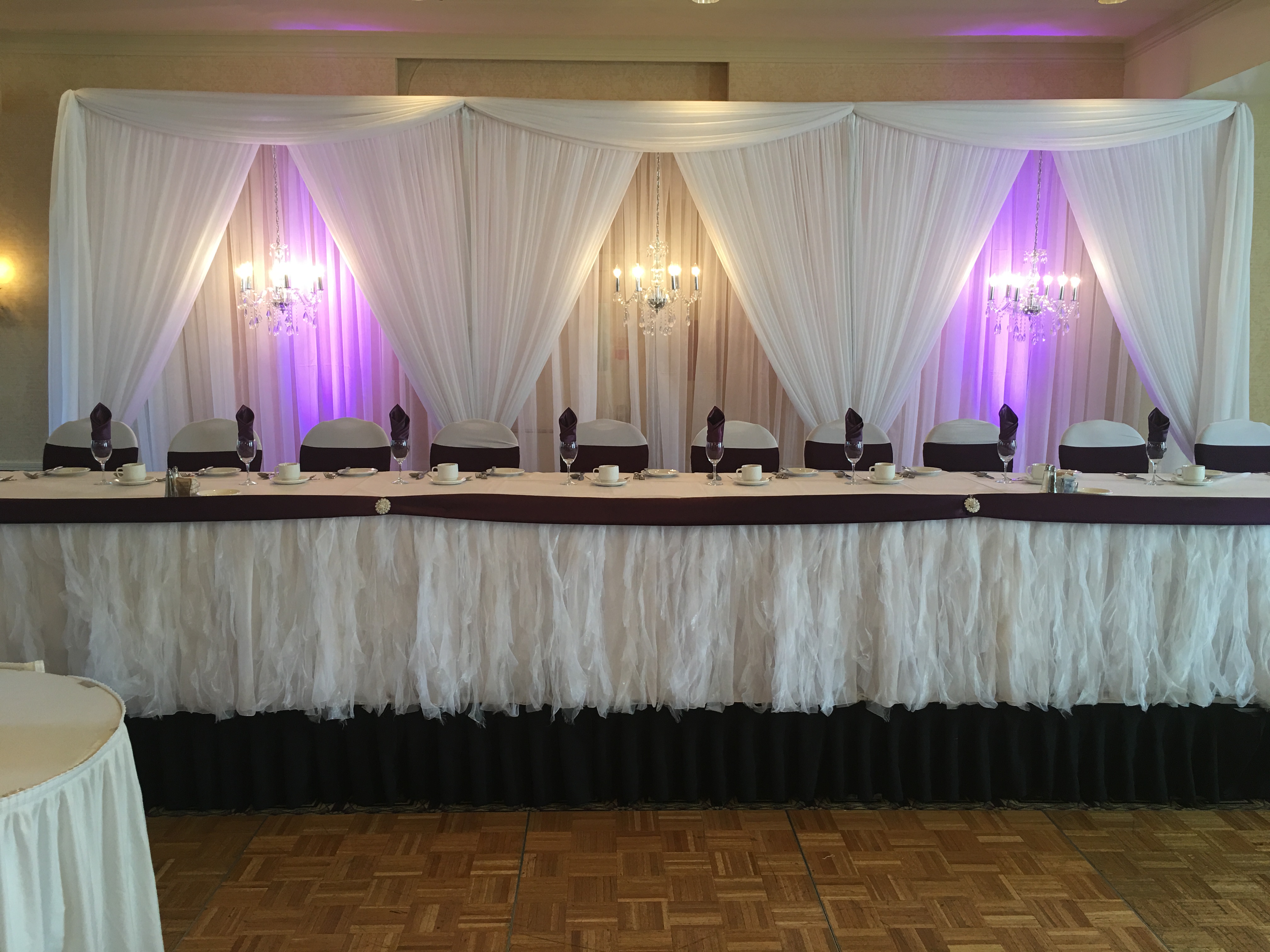 Saskatoon YXE Pipe Drape Rentals Wedding Head Table Backdrop Linen