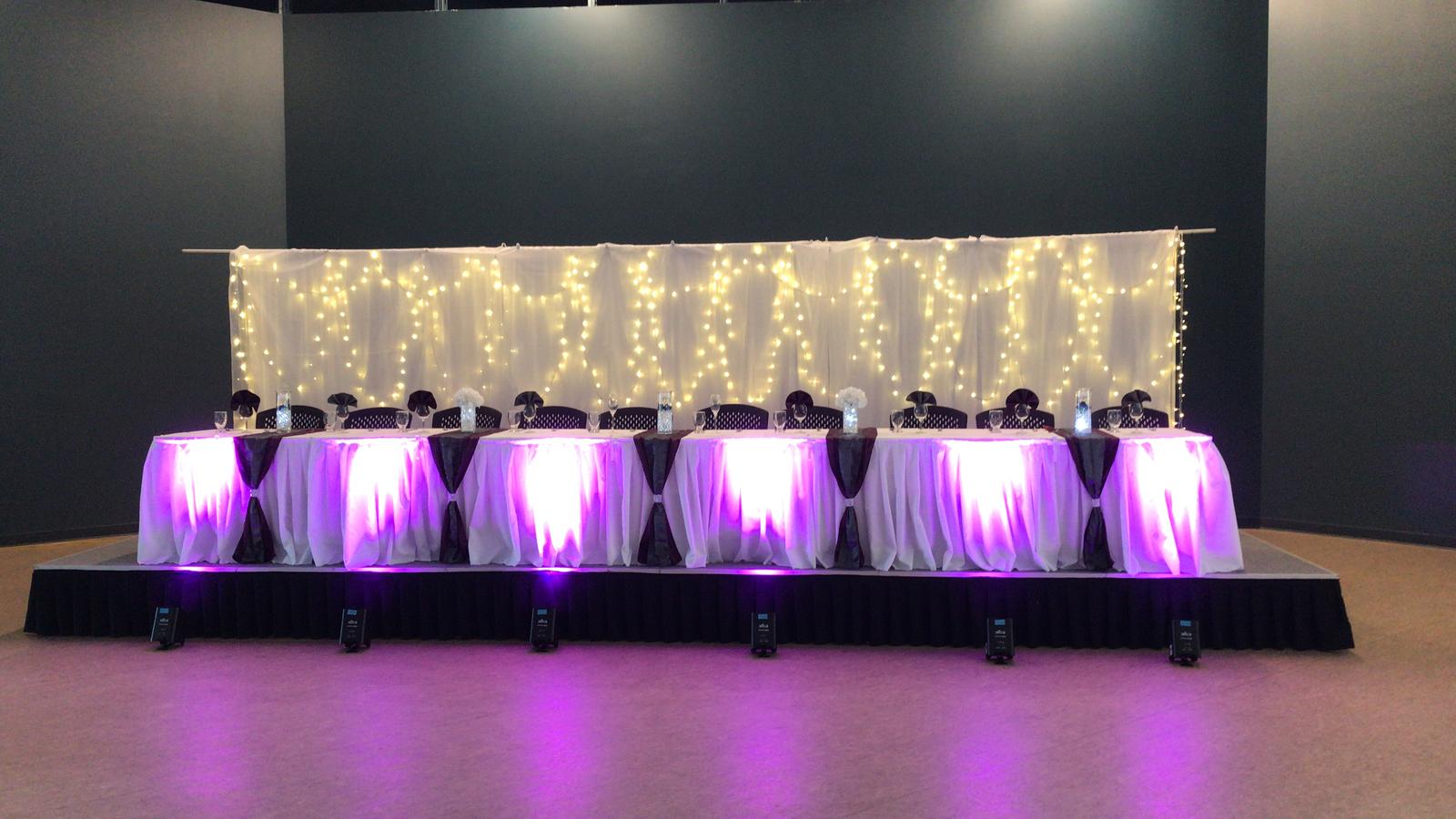 Saskatoon YXE Pipe Drape Rentals Wedding Head Table Backdrop Linen